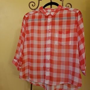 Sheer Red and White Plaid Collared Shirt